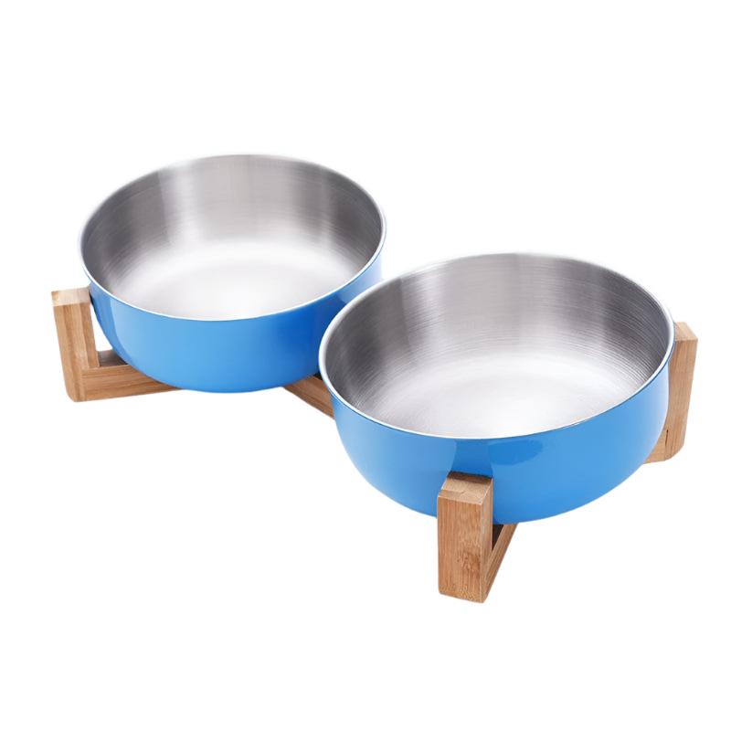Futternapf FOODIE Rutschfester Futternapf für Hunde &amp; Katzen – Edelstahl &amp; Bambusbasis Blue / Double