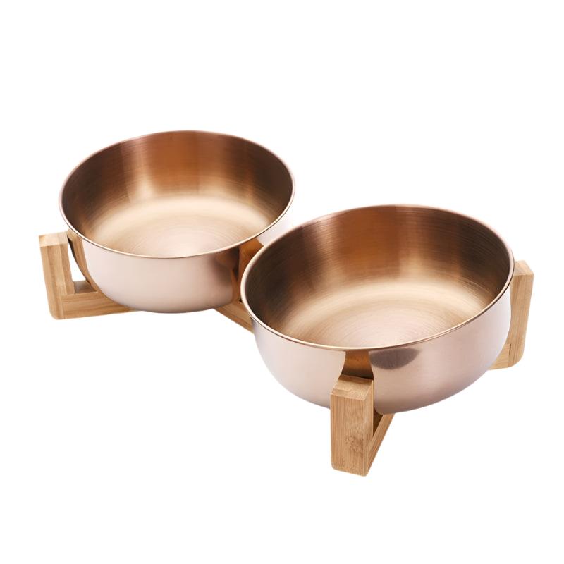 Futternapf FOODIE Rutschfester Futternapf für Hunde &amp; Katzen – Edelstahl &amp; Bambusbasis Gold / Double