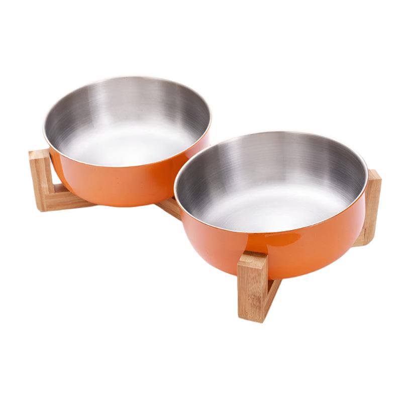 Futternapf FOODIE Rutschfester Futternapf für Hunde &amp; Katzen – Edelstahl &amp; Bambusbasis Orange / Double