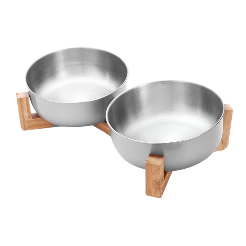 Futternapf FOODIE Rutschfester Futternapf für Hunde &amp; Katzen – Edelstahl &amp; Bambusbasis Silver / Double