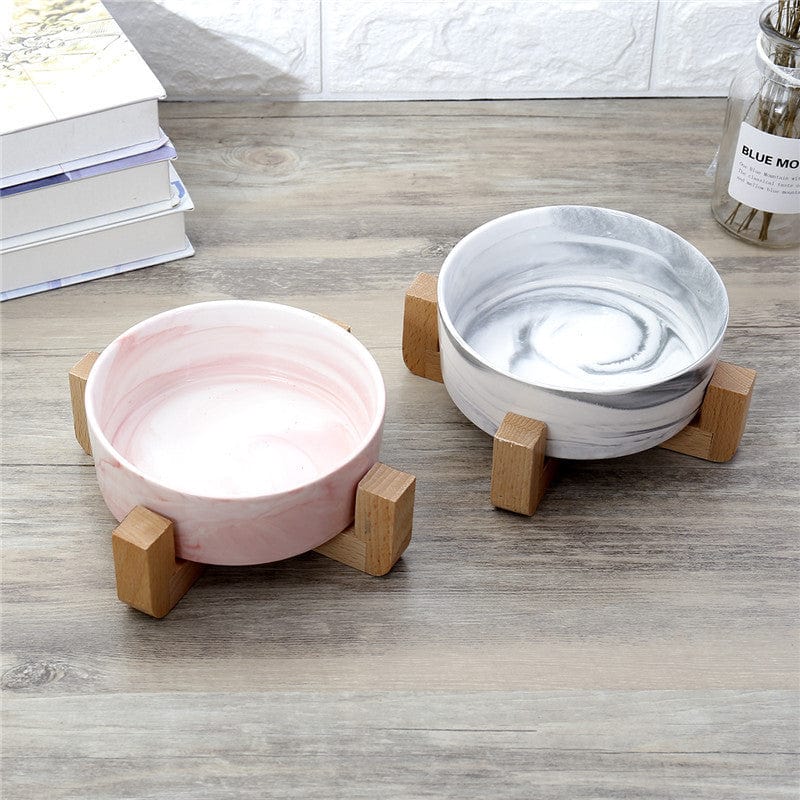 Futternapf MARBLE Eleganter Marmorierter Katzennapf mit Holzständer