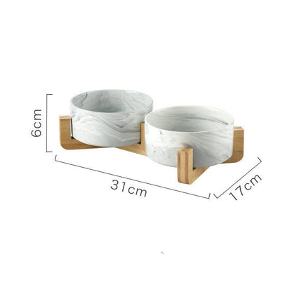 Futternapf MARBLE Eleganter Marmorierter Katzennapf mit Holzständer Pearl SET