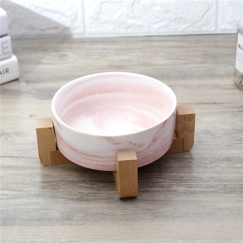Futternapf MARBLE Eleganter Marmorierter Katzennapf mit Holzständer Pink