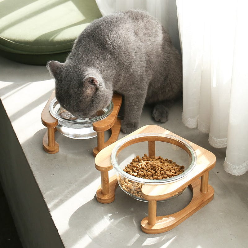 Futternapf MIRRO Glas-Katzenschüssel mit Holzrahmen für Katzen &amp; Kleine Hunde