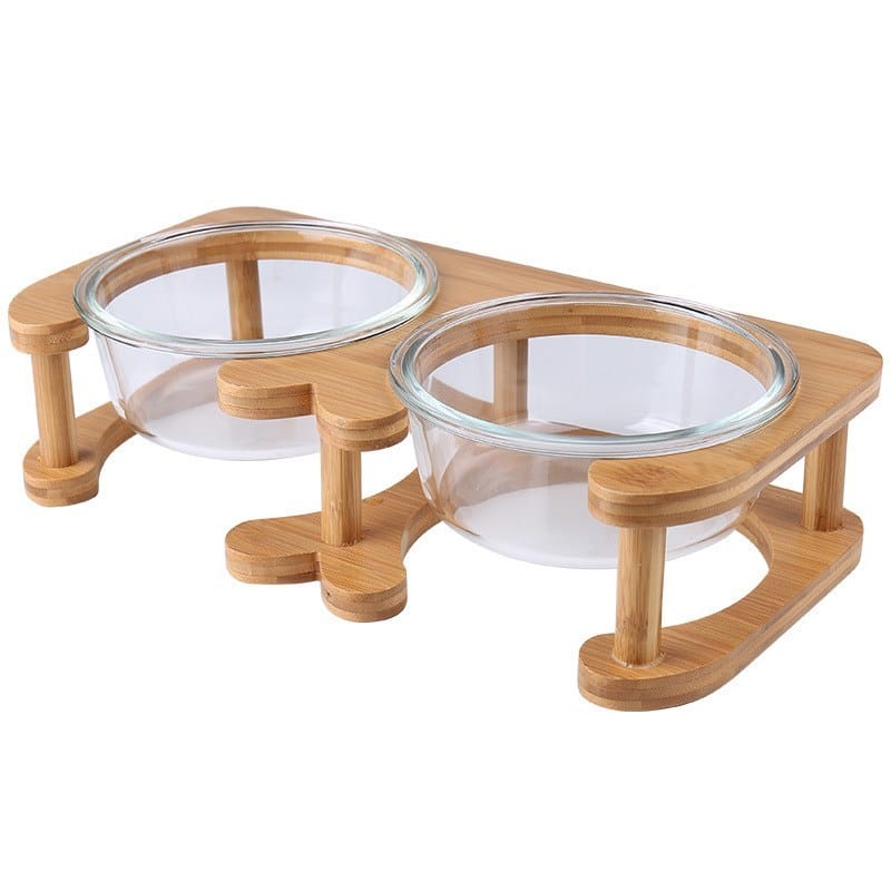 Futternapf MIRRO Glas-Katzenschüssel mit Holzrahmen für Katzen &amp; Kleine Hunde Double Schüssel SET / 480ml (14.7cm)