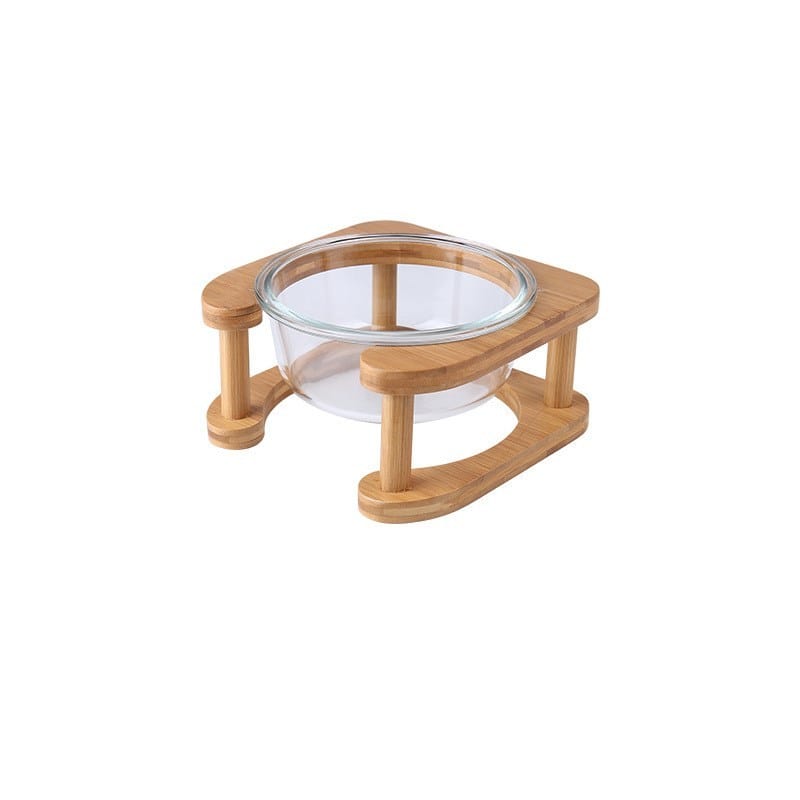 Futternapf MIRRO Glas-Katzenschüssel mit Holzrahmen für Katzen &amp; Kleine Hunde Single Schüssel SET / 480ml (14.7cm)