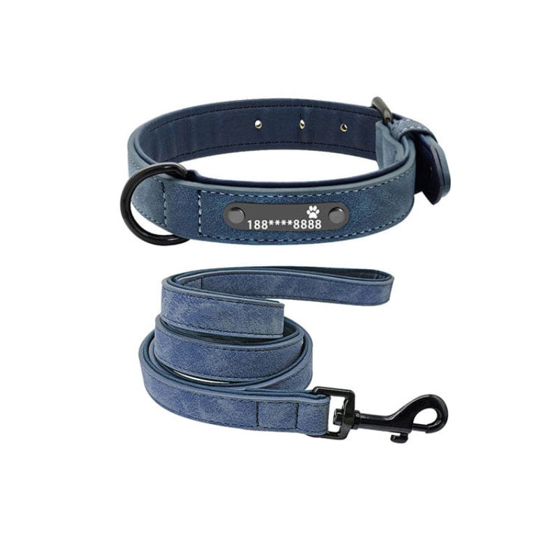 Hundehalsband RICO Personalisiertes Leder Hundehalsband + Leine Blue SET / S