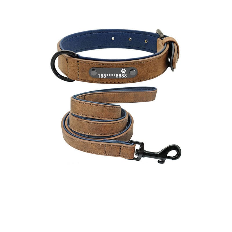 Hundehalsband RICO Personalisiertes Leder Hundehalsband + Leine Choco SET / S