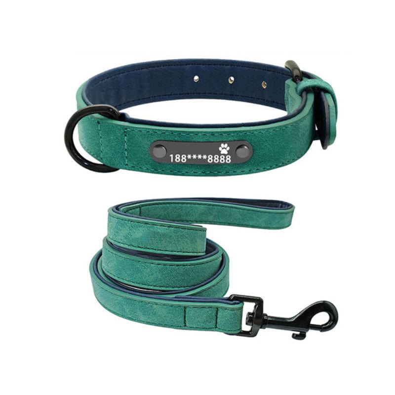 Hundehalsband RICO Personalisiertes Leder Hundehalsband + Leine Green SET / S