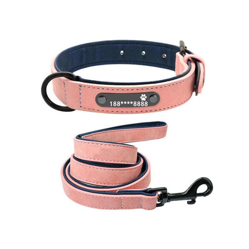 Hundehalsband RICO Personalisiertes Leder Hundehalsband + Leine Pink SET / S