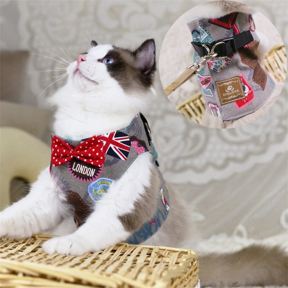 Katzengeschirr BOWIE Katzengeschirr SET mit Leine – Sicher, süß &amp; bequem für stilvolle Katzen London I / S