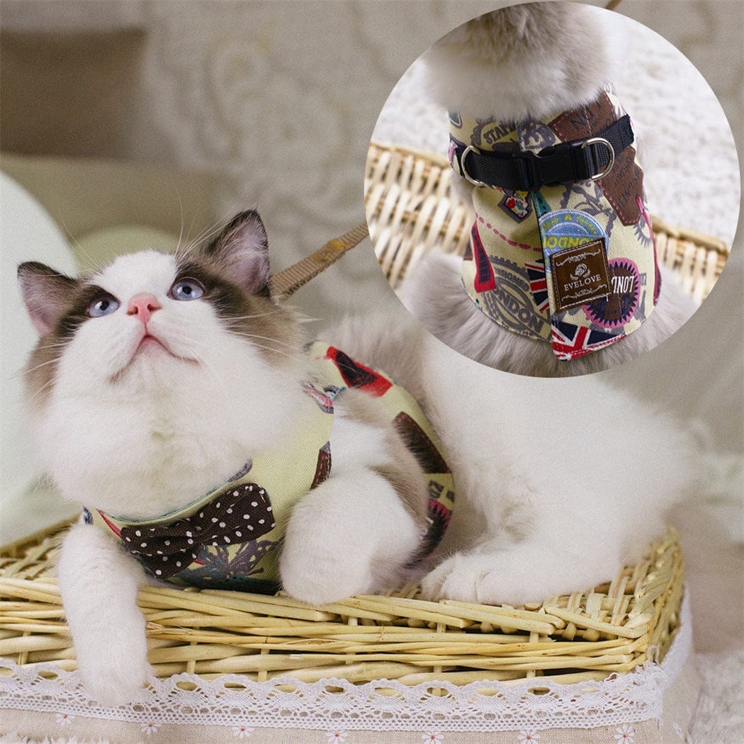 Katzengeschirr BOWIE Katzengeschirr SET mit Leine – Sicher, süß &amp; bequem für stilvolle Katzen London II / S