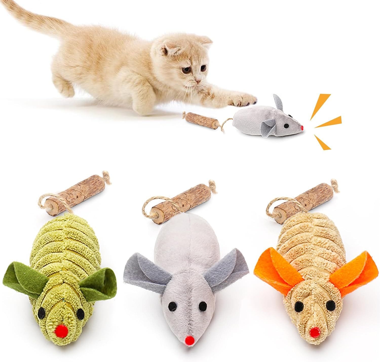 Katzenspielzeug WOODY Katzenspielzeug Mäuse mit Katzenminze &amp; Silvervine Kaustab